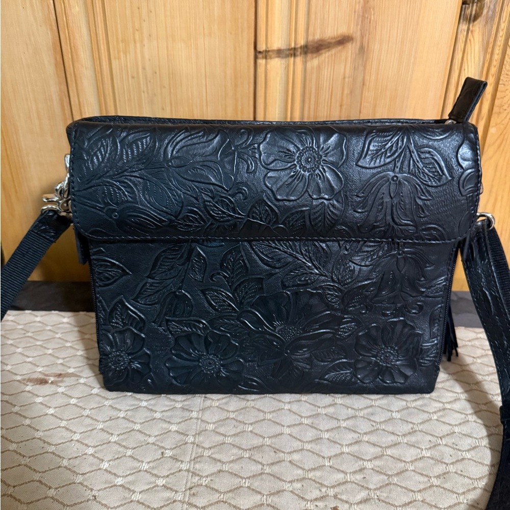 Elegant Black Floral Embossed Crossbody Bag concealed carry